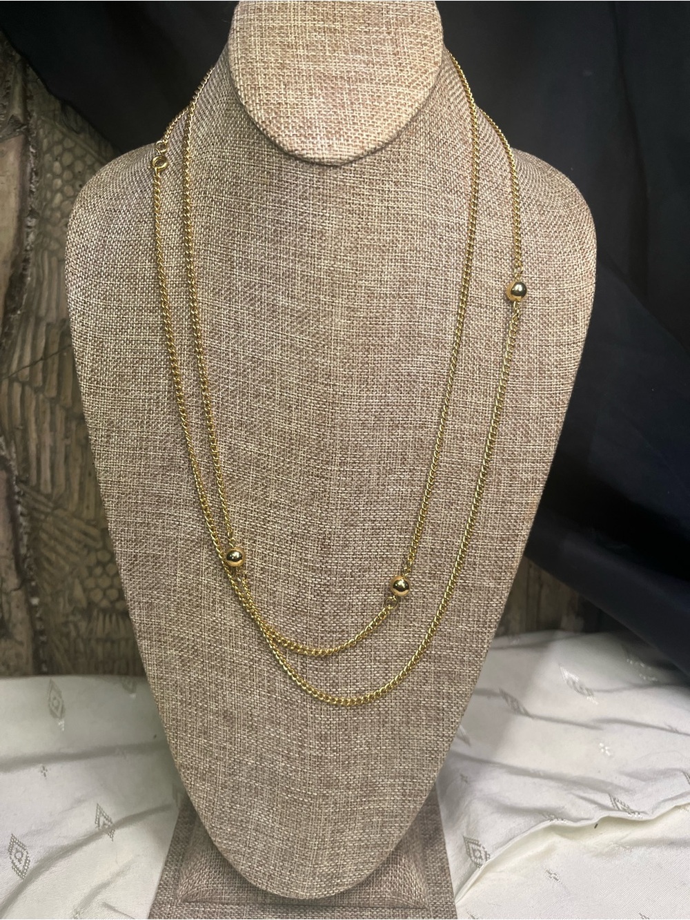 51” Long Gold Tone Brass Curb Link Chain Necklace w Stationary Ball Beads 1980s